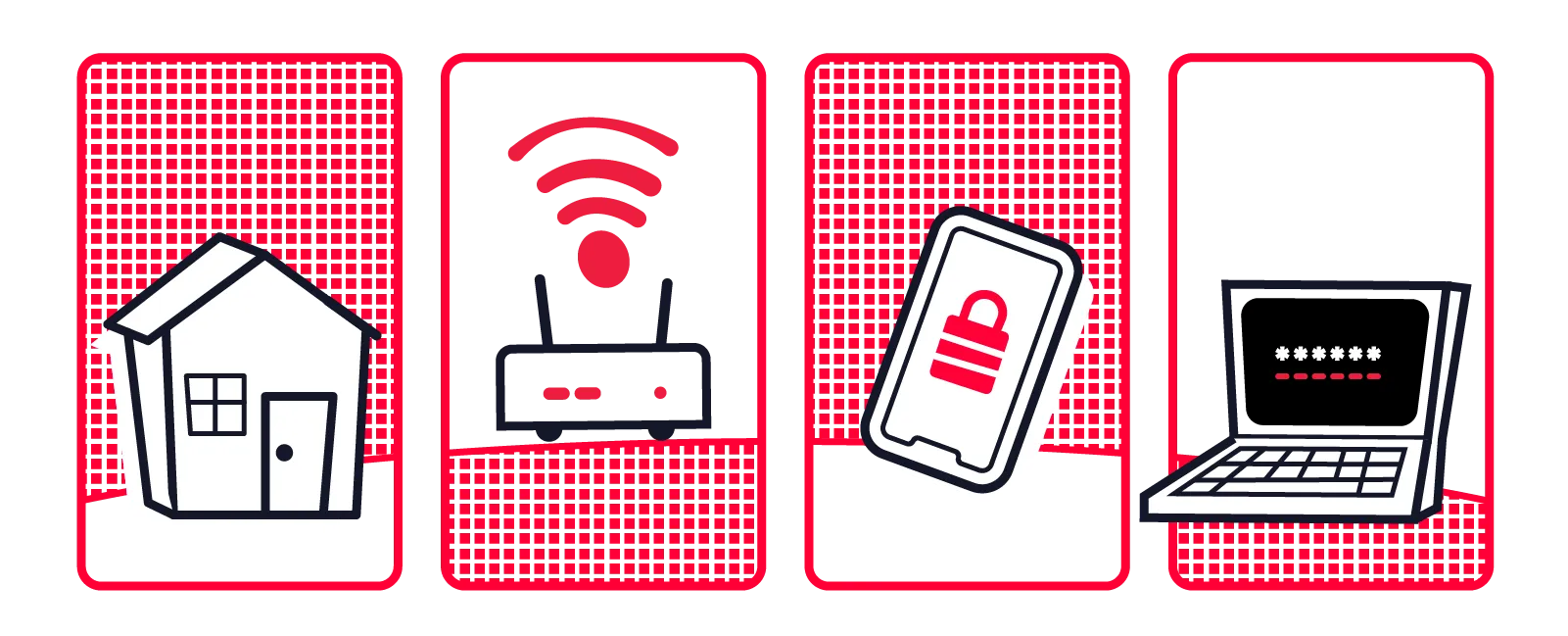 Four illustrated panels displaying a house, a Wi-Fi router, a smartphone with a lock icon, and a laptop with a password prompt.